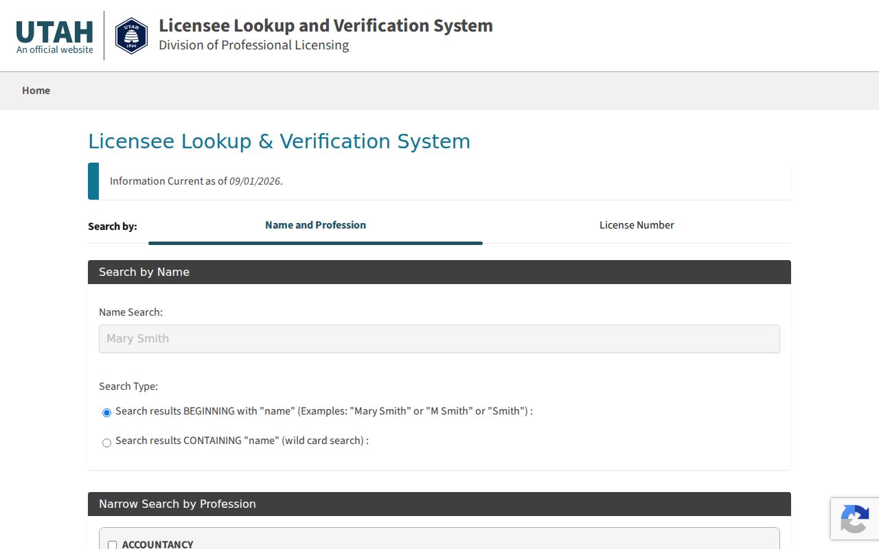 Salt Lake City resident lookup Utah licensee lookup