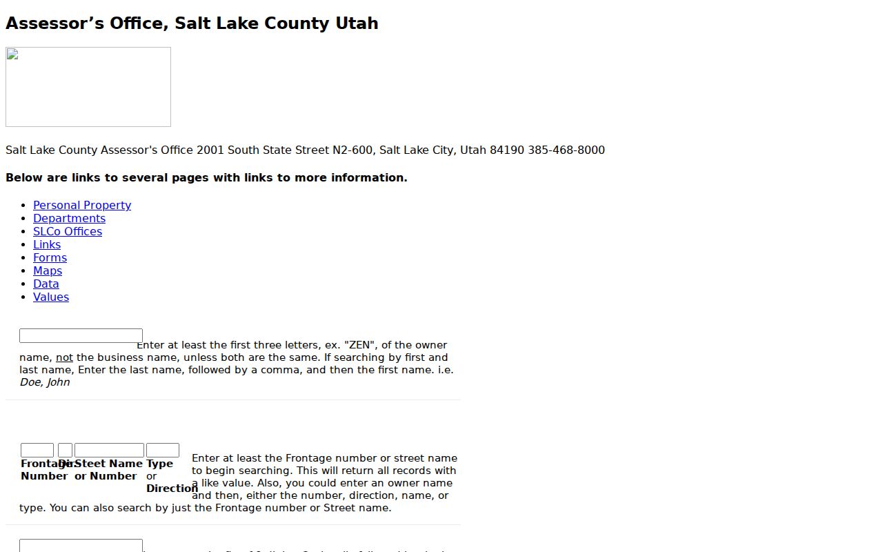 Salt Lake City street directory Assessor search fields